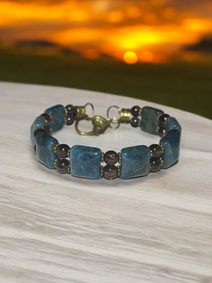 Apatite and Smokey quartz Double Bangle Bracelet with Heart Clasp Fits Wrist Size up to 8.25"