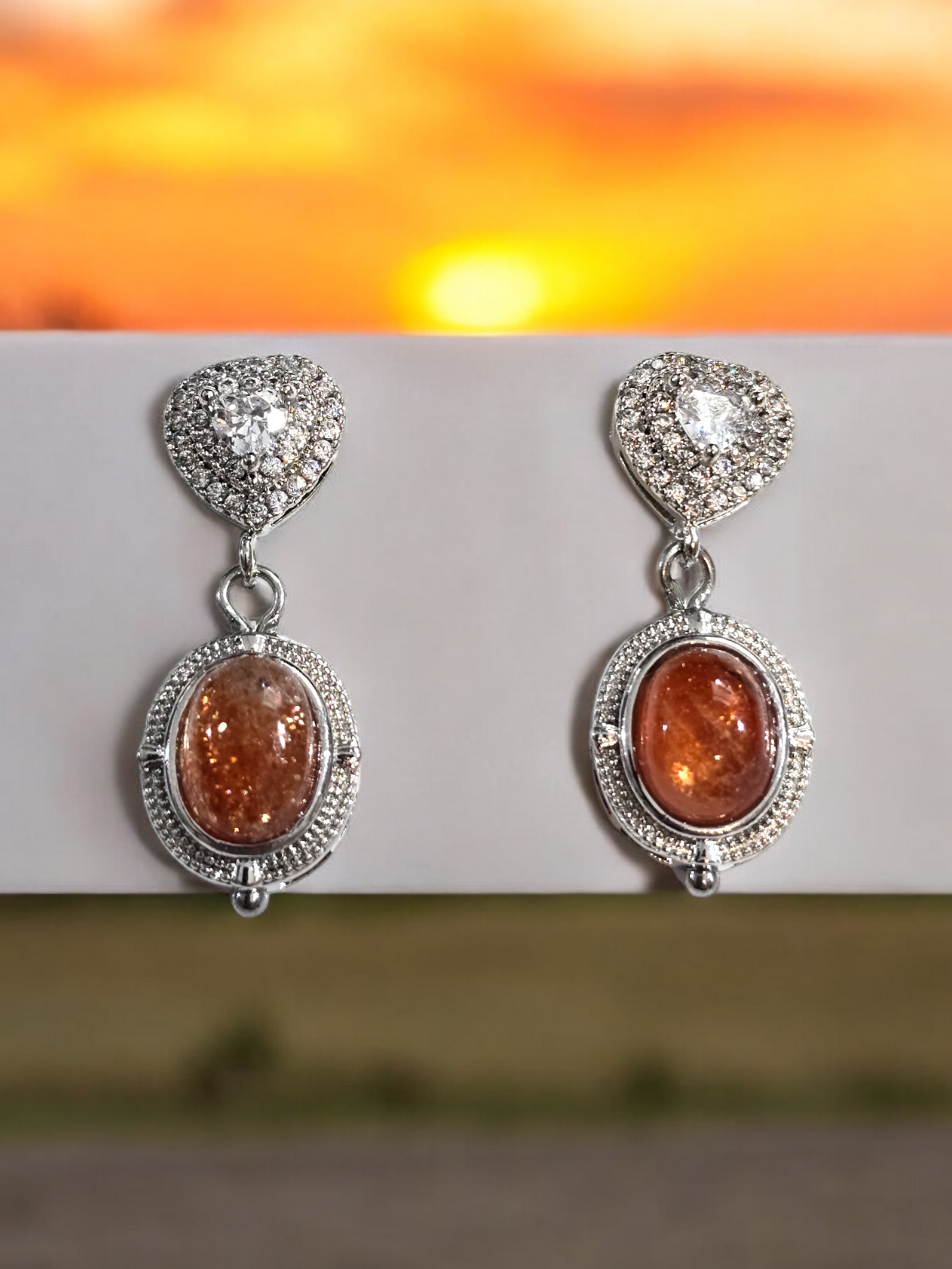 Sunstone Crystal with Heart Stud Earrings with Dangles