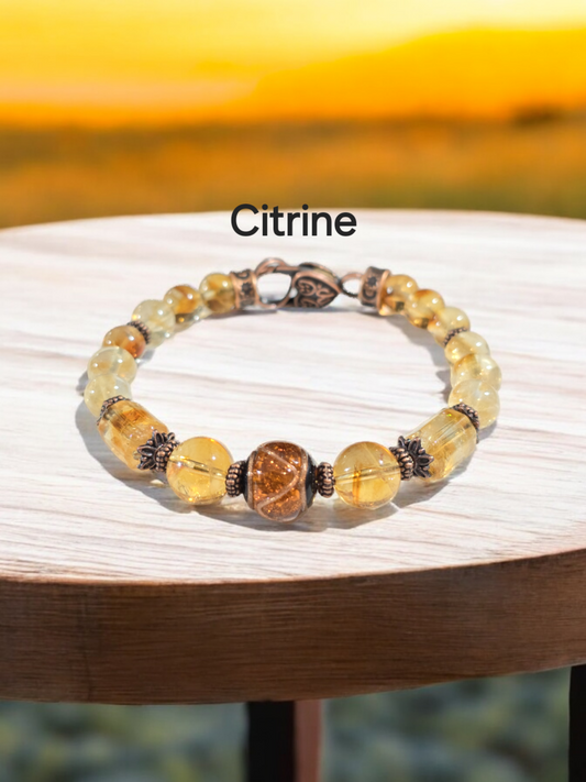 Citrine Bangle Bracelet with Handmade Glass Focal Bead. 3 Available.