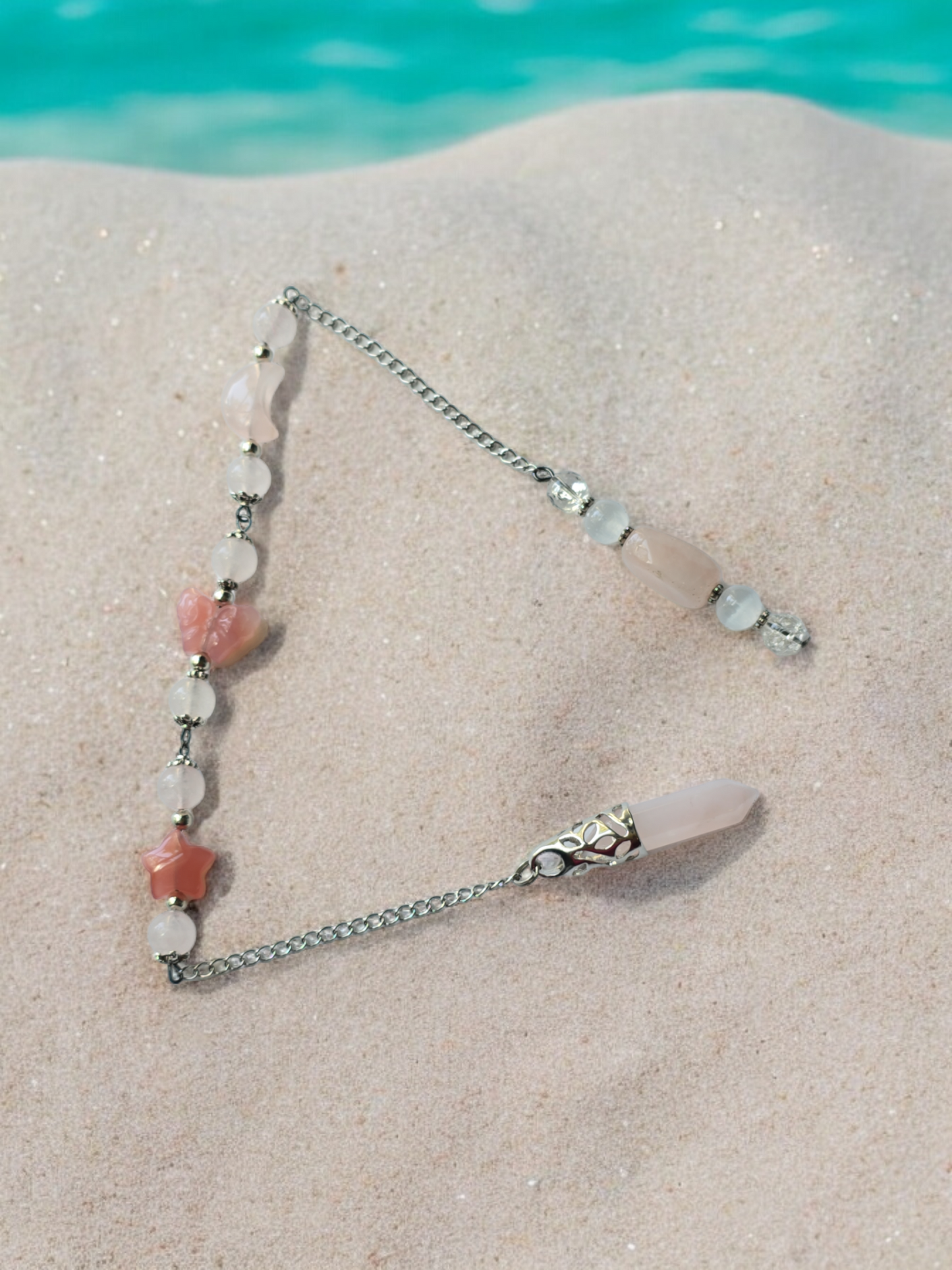 Rose Quartz and Yuan Yuan Agate  with Clear Quartz and Selenite crystal pendulum with beaded chain.