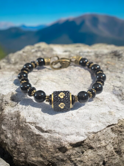 Obsidian with Wood and Brass Focal Bamgle Bracelets. 3 Available