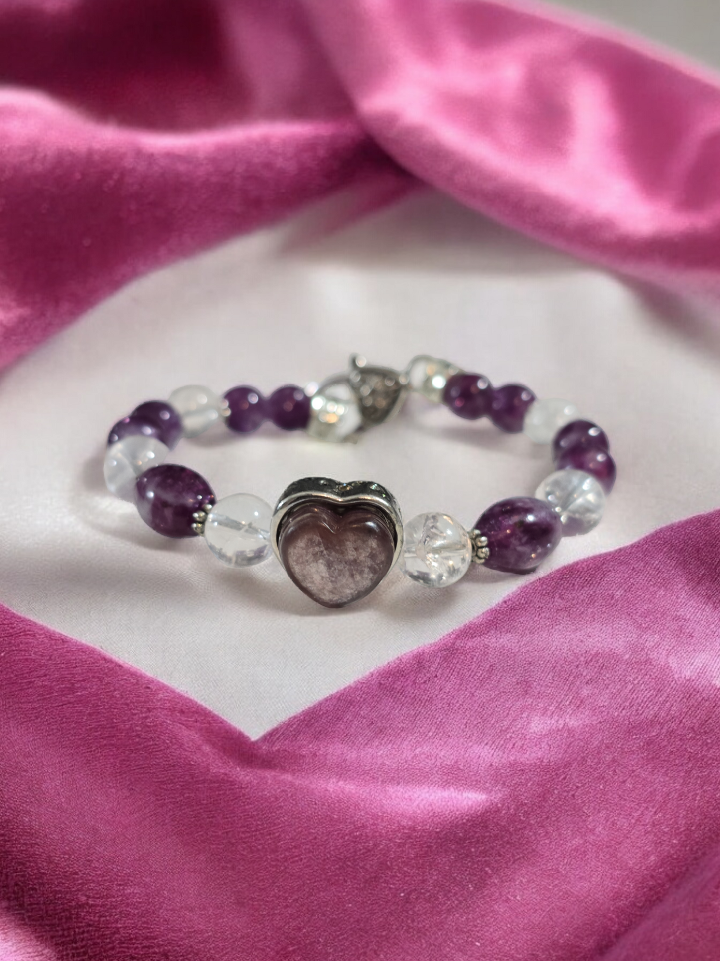 Purple Mica and Crackle Rose Quartz Treasure Box Bangle Bracelet with Heart Clasp.  Fits up to size 7.25" wrist.