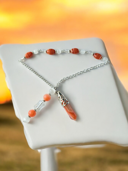 Carnelian with Clear Quartz and Selenite crystal pendulum with beaded chain.