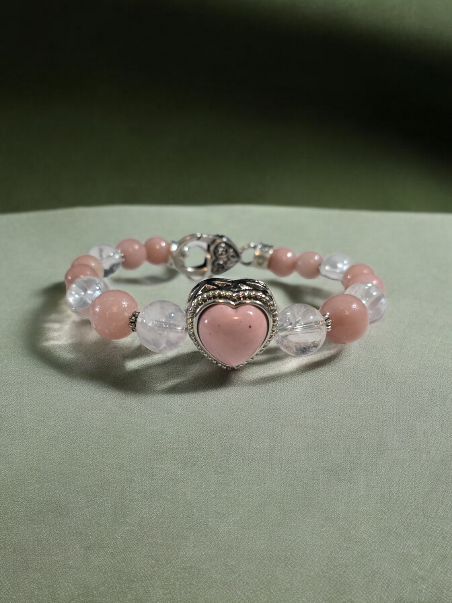 Pink Opal Treasure Box Bangle Bracelet with Heart Clasp.  Fits up to size 7.5" wrist.