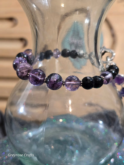 Charoite, Crackle Amethyst and Obsidian Bracelet with Heart Clasp and Beaded Extension