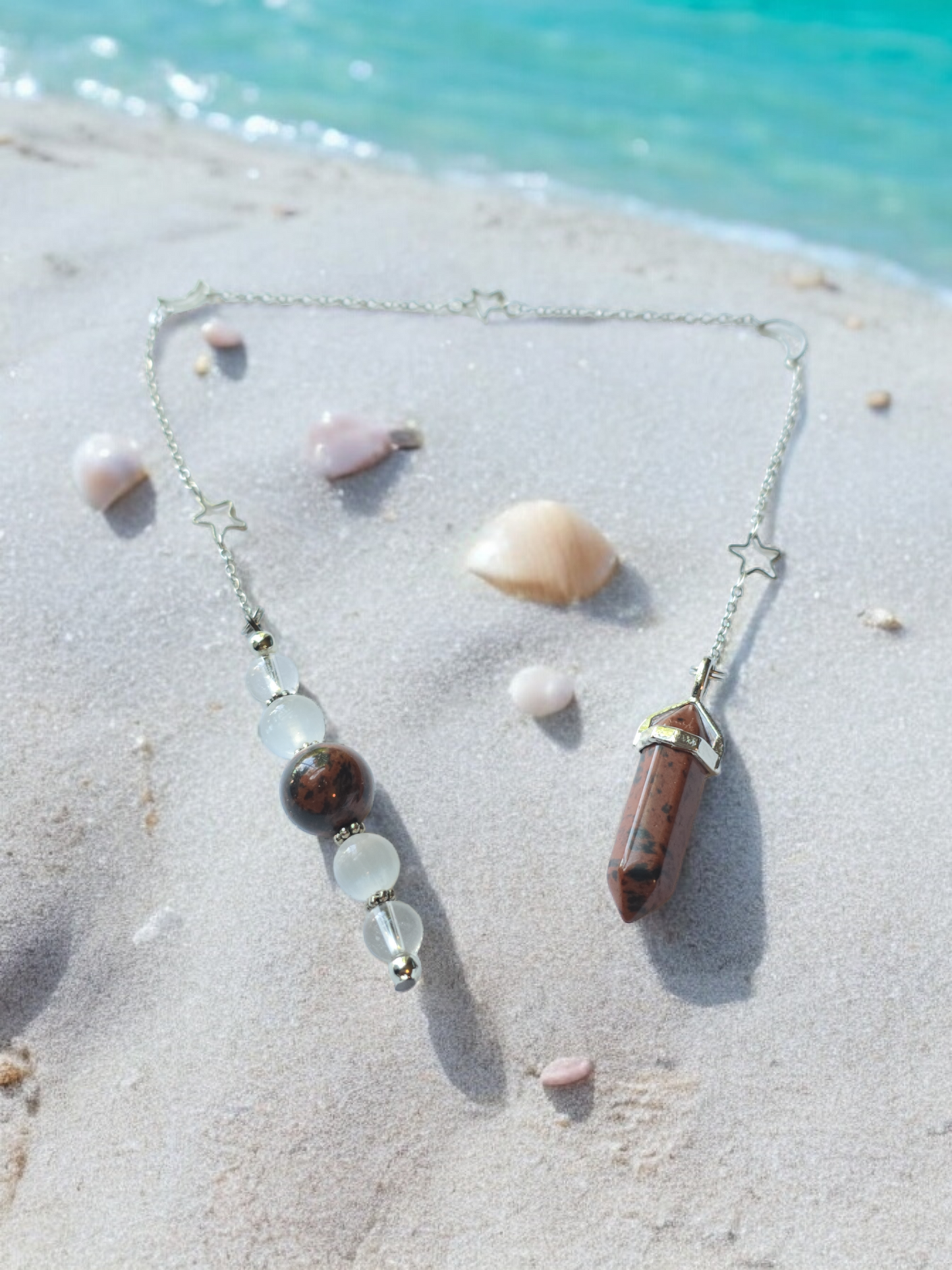 Mahogany Obsidian, selenite and clear quartz crystal pendulum with beaded chain.