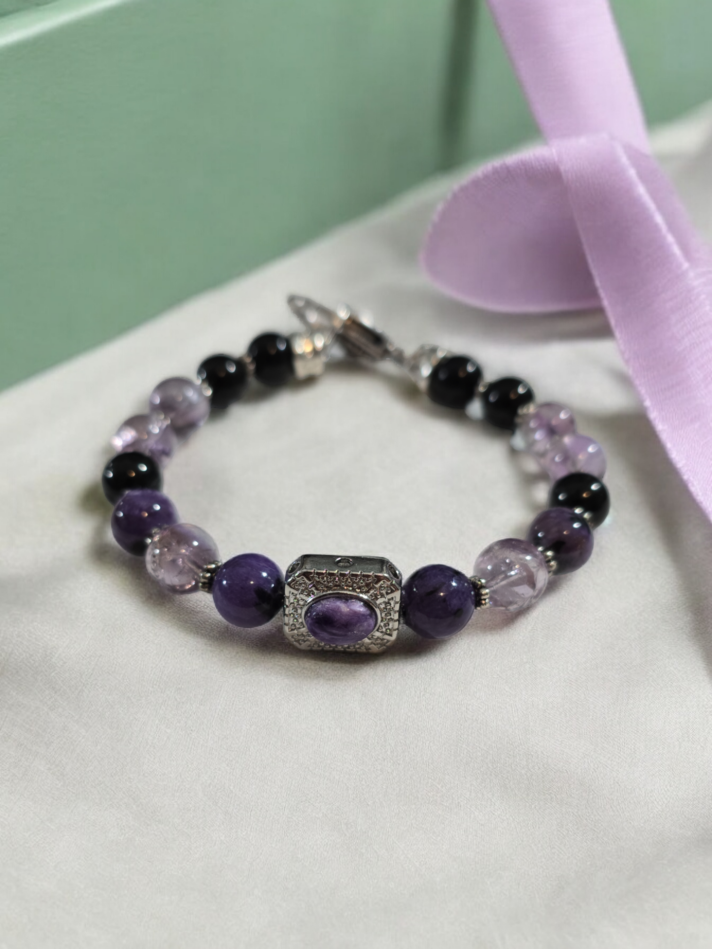 Charoite, Amethyst and Tourmaline Treasure Box Bangle Bracelet with Heart Clasp.  Fits up to size 7.25" wrist.