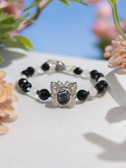 Botswana Agate, Obsidian and Moonstone Treasure Box Bangle Bracelet with Heart Clasp.  Fits up to size 7.5" wrist.