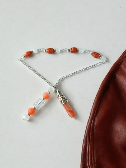 Carnelian with Clear Quartz and Selenite crystal pendulum with beaded chain.