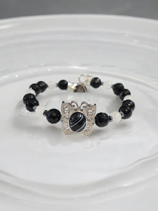 Botswana Agate, Obsidian and Moonstone Treasure Box Bangle Bracelet with Heart Clasp.  Fits up to size 7.5" wrist.