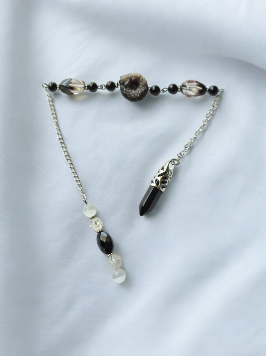 Dragon Theme Silver Sheen Obsidian, Obsidian and Glas with Clear Quartz and Selenite crystal pendulum with beaded chain.