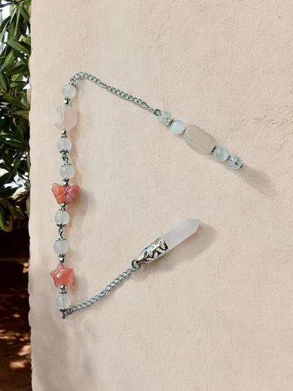 Rose Quartz and Yuan Yuan Agate  with Clear Quartz and Selenite crystal pendulum with beaded chain.