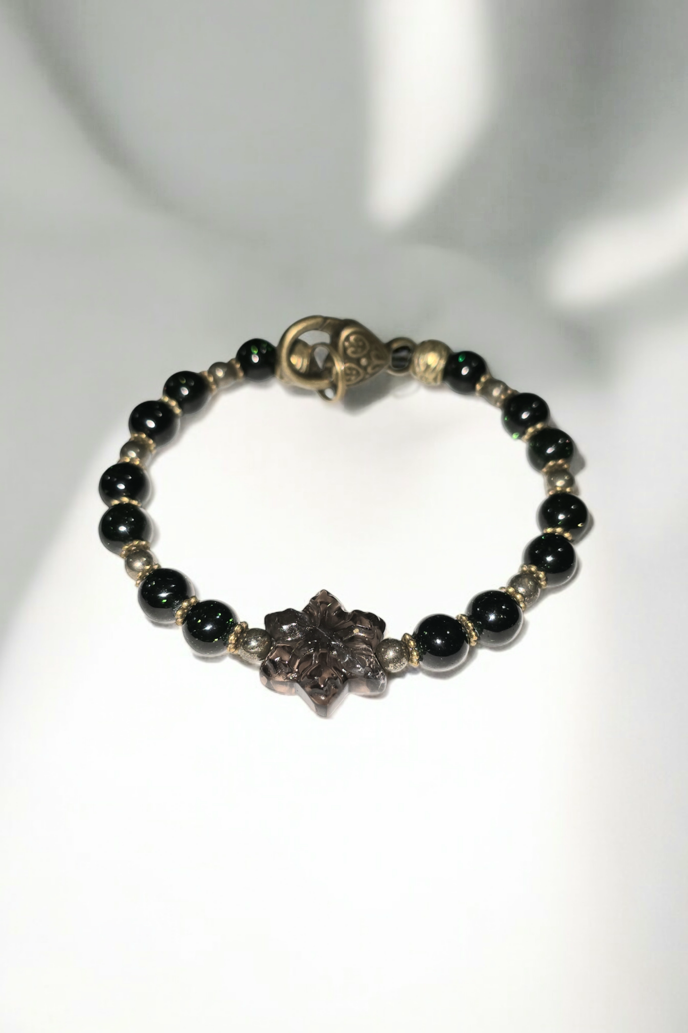 Holiday Bangle Bracelet Pyrite and Green Sandstone with Smokey Obsidian snowflake focal with Heart Clasp