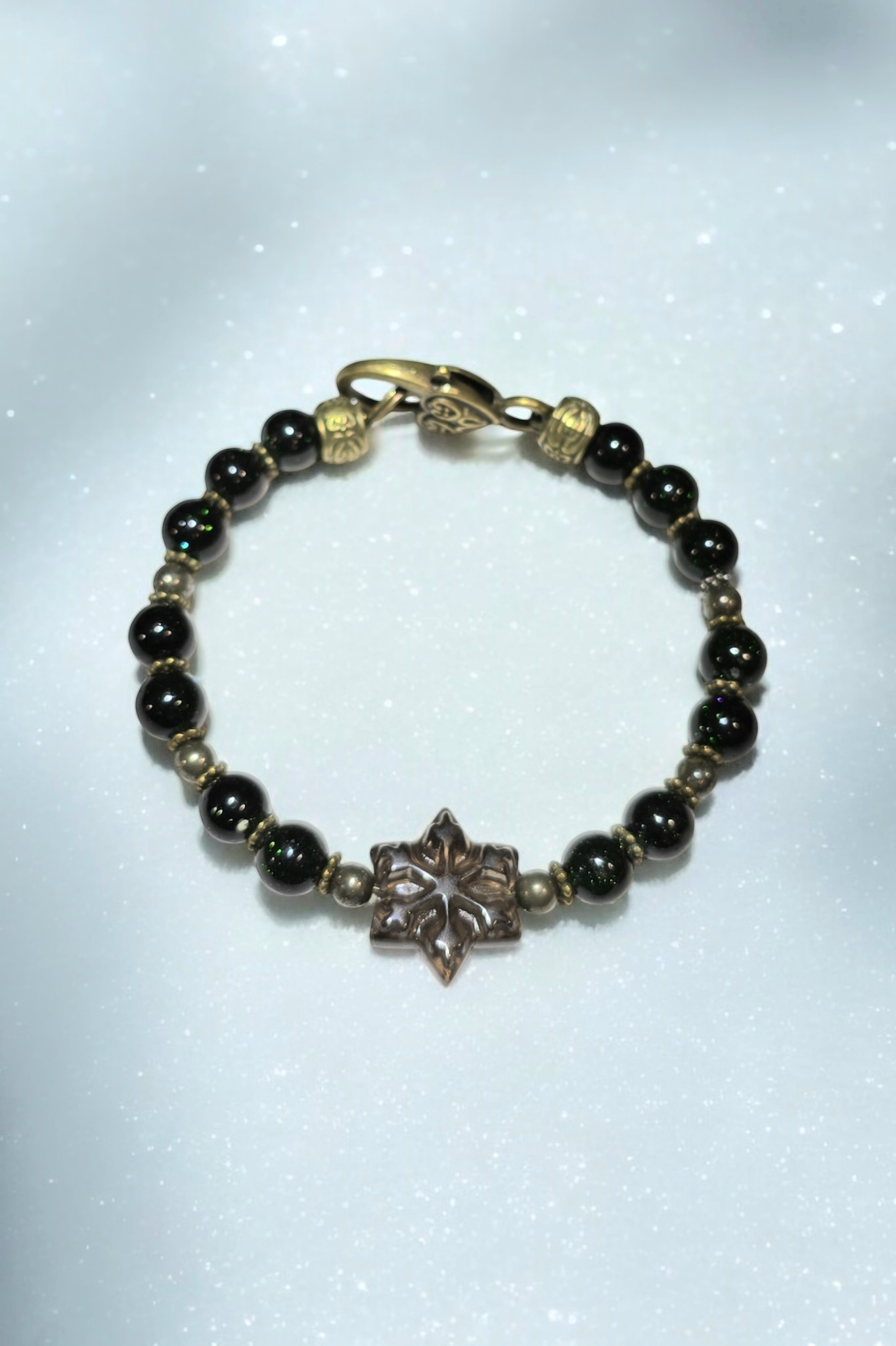 Holiday Bangle Bracelet Pyrite and Green Sandstone with Smokey Obsidian snowflake focal with Heart Clasp