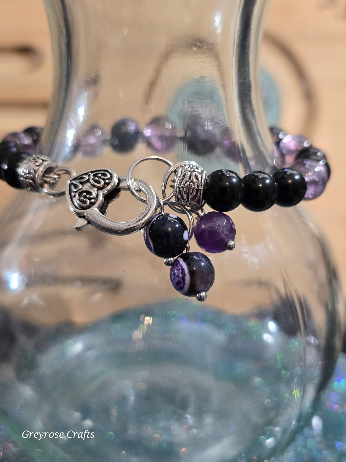 Charoite, Crackle Amethyst and Obsidian Bracelet with Heart Clasp and Beaded Extension