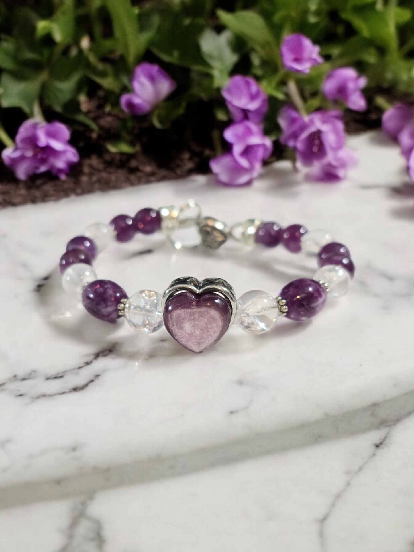 Purple Mica and Crackle Rose Quartz Treasure Box Bangle Bracelet with Heart Clasp.  Fits up to size 7.25" wrist.