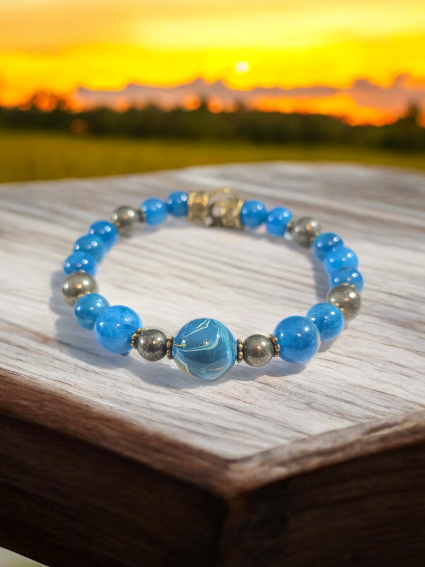 Apatite Crystal Bracelet with DaQi Focal Bead. Fits up to 7.25" Wrist