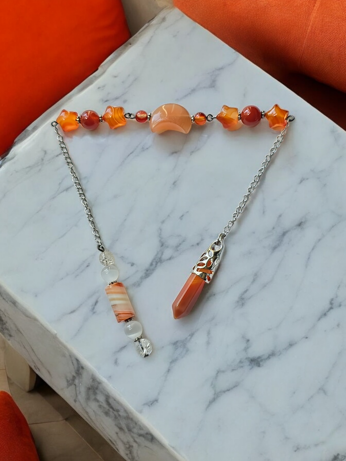 Carnelian with Clear Quartz and Selenite crystal pendulum with beaded chain.