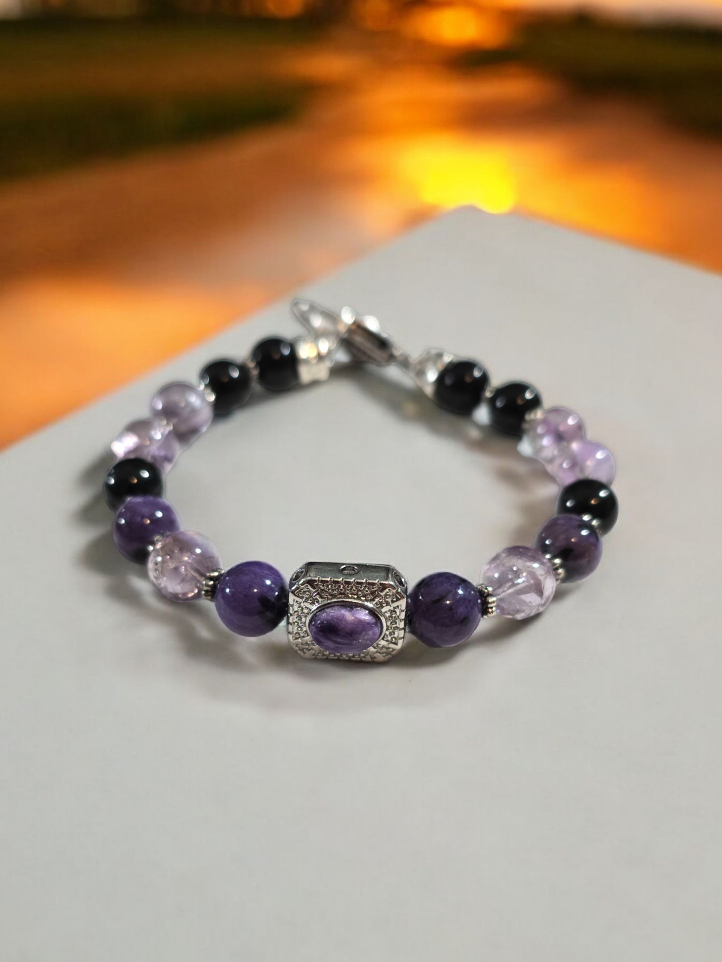 Charoite, Amethyst and Tourmaline Treasure Box Bangle Bracelet with Heart Clasp.  Fits up to size 7.25" wrist.