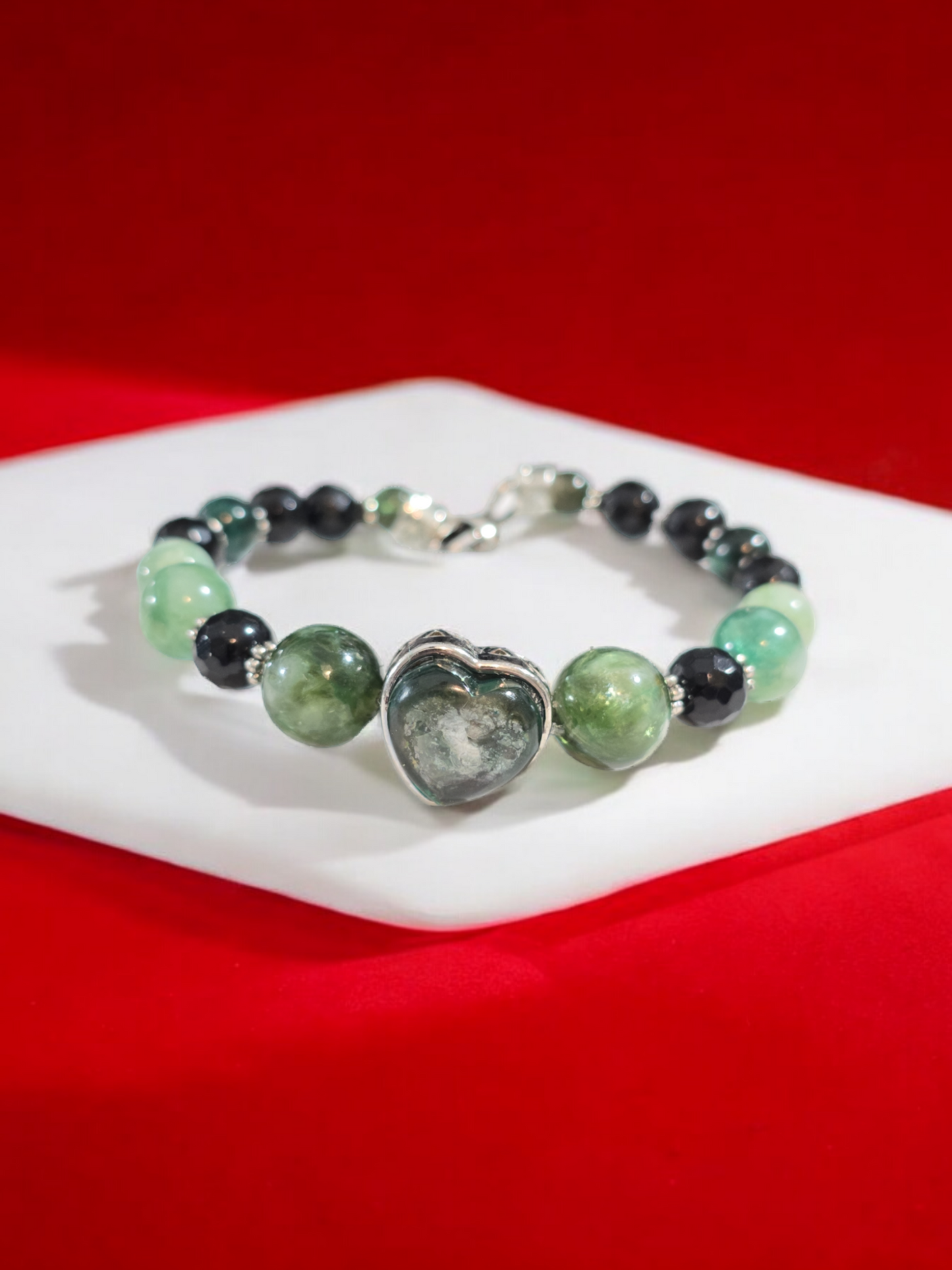 Green Mica and Obsidian Treasure Box Bangle Bracelet with Heart Clasp.  Fits up to size 7.75" wrist.