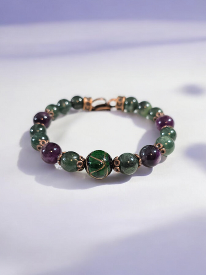 GREEN Variety Mica, Jade, Emerald and or Fluorite Bangle Bracelet with Handmade Glass Focal Bead. 3 Available.