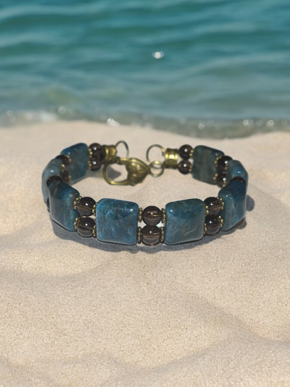 Apatite and Smokey quartz Double Bangle Bracelet with Heart Clasp Fits Wrist Size up to 8.25"