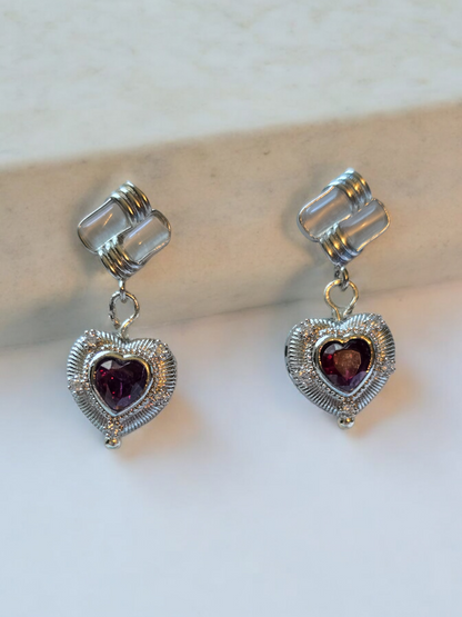 Garnet Crystal Stud Earrings with Dangles