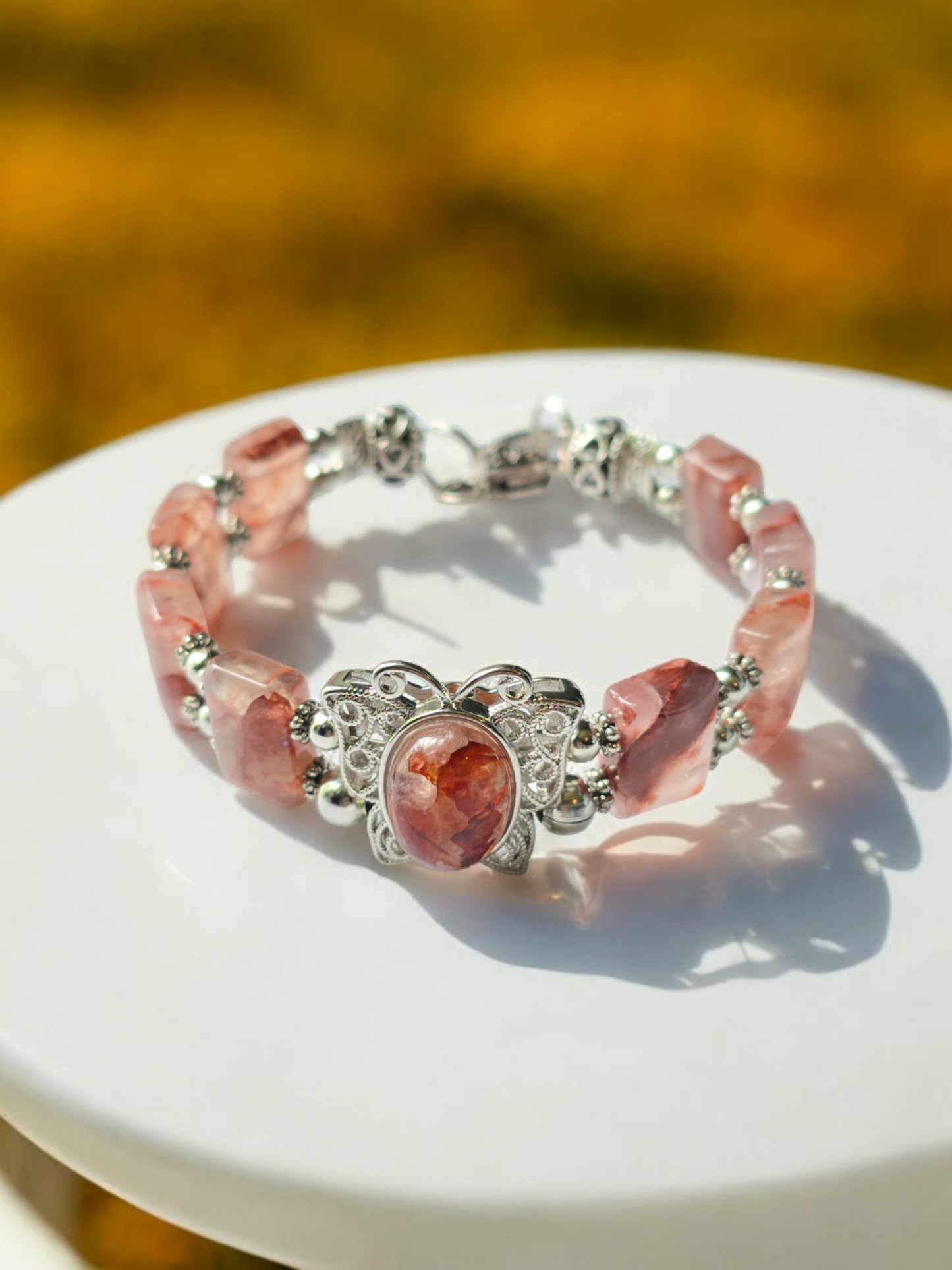 Butterfly Theme Fire Quartz Bangle Bracelet with Heart Clasp Fits Wrist Size up 2 available.