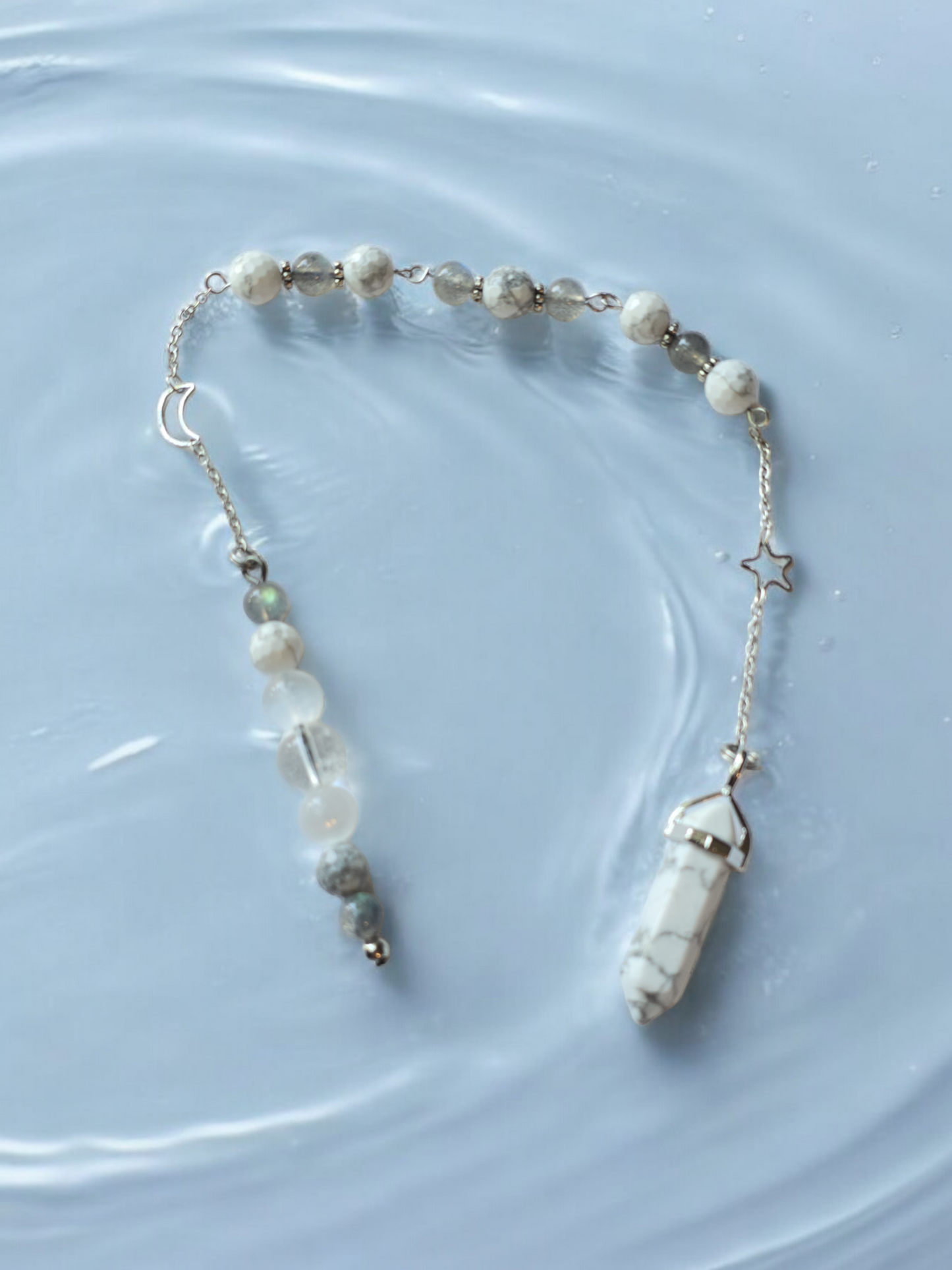 Howlite, Labradorite, selenite and clear quartz crystal pendulum with beaded chain.