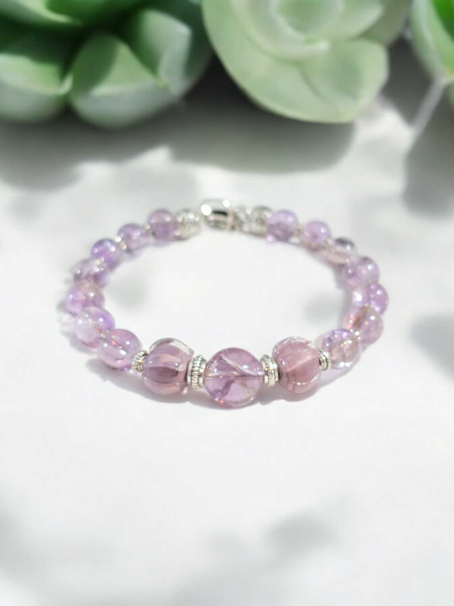 Crackle Amethyst  Bangle Bracelet with Handmade Glass Lotus Focal Beads.