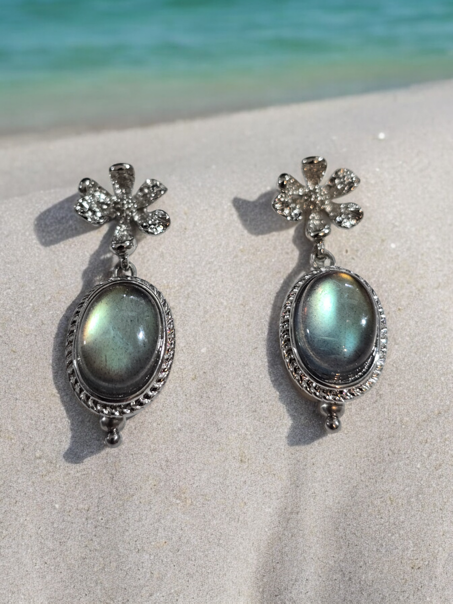 Labradorite Crystal and  Flower Stud Earrings with Dangles