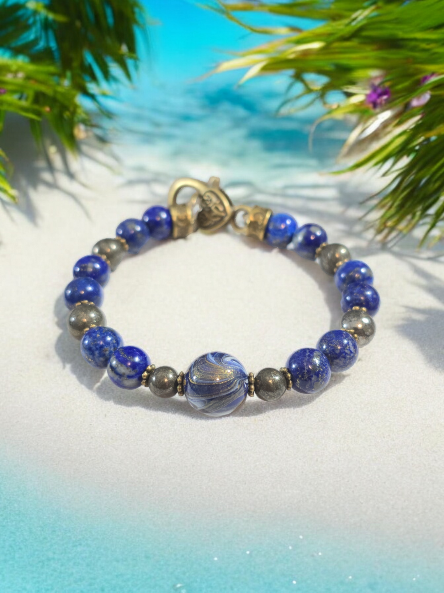 Lapis Lazuli qnd Pyrite Crystal Bracelet with DaQi Focal Bead. Fits up to 7" Wrist