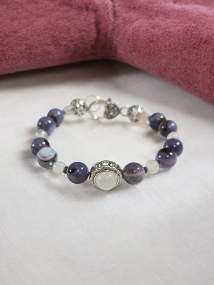 Moonstone and Purple Agate Treasure Box Bangle Bracelet with Heart Clasp.  Fits up to size 7.5" wrist.