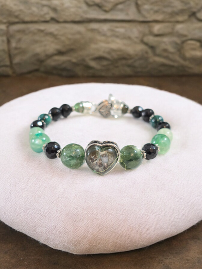 Green Mica and Obsidian Treasure Box Bangle Bracelet with Heart Clasp.  Fits up to size 7.75" wrist.