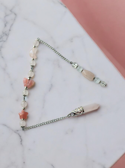 Rose Quartz and Yuan Yuan Agate  with Clear Quartz and Selenite crystal pendulum with beaded chain.