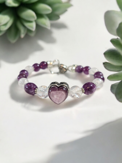 Purple Mica and Crackle Rose Quartz Treasure Box Bangle Bracelet with Heart Clasp.  Fits up to size 7.25" wrist.