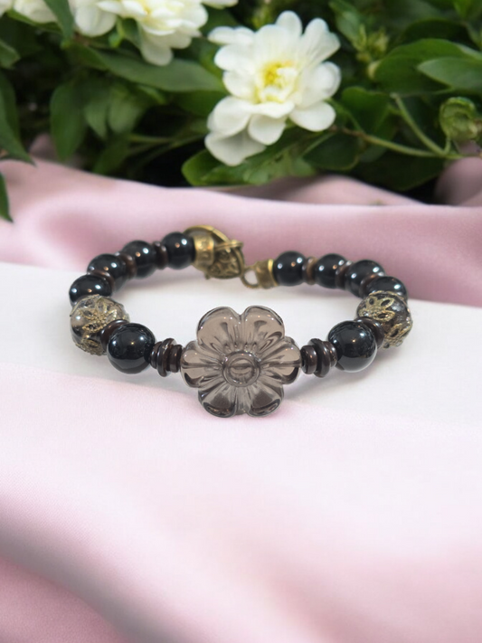 Smokey Obsidian Flower Smokey Quartz and  Obsidian with Wood and Brass Focal Bamgle Bracelets. 2 Available