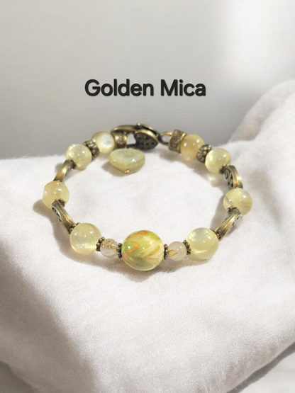 Golden Mica Crystal Bracelet with DaQi Focal Bead. Fits up to 7" Wrist