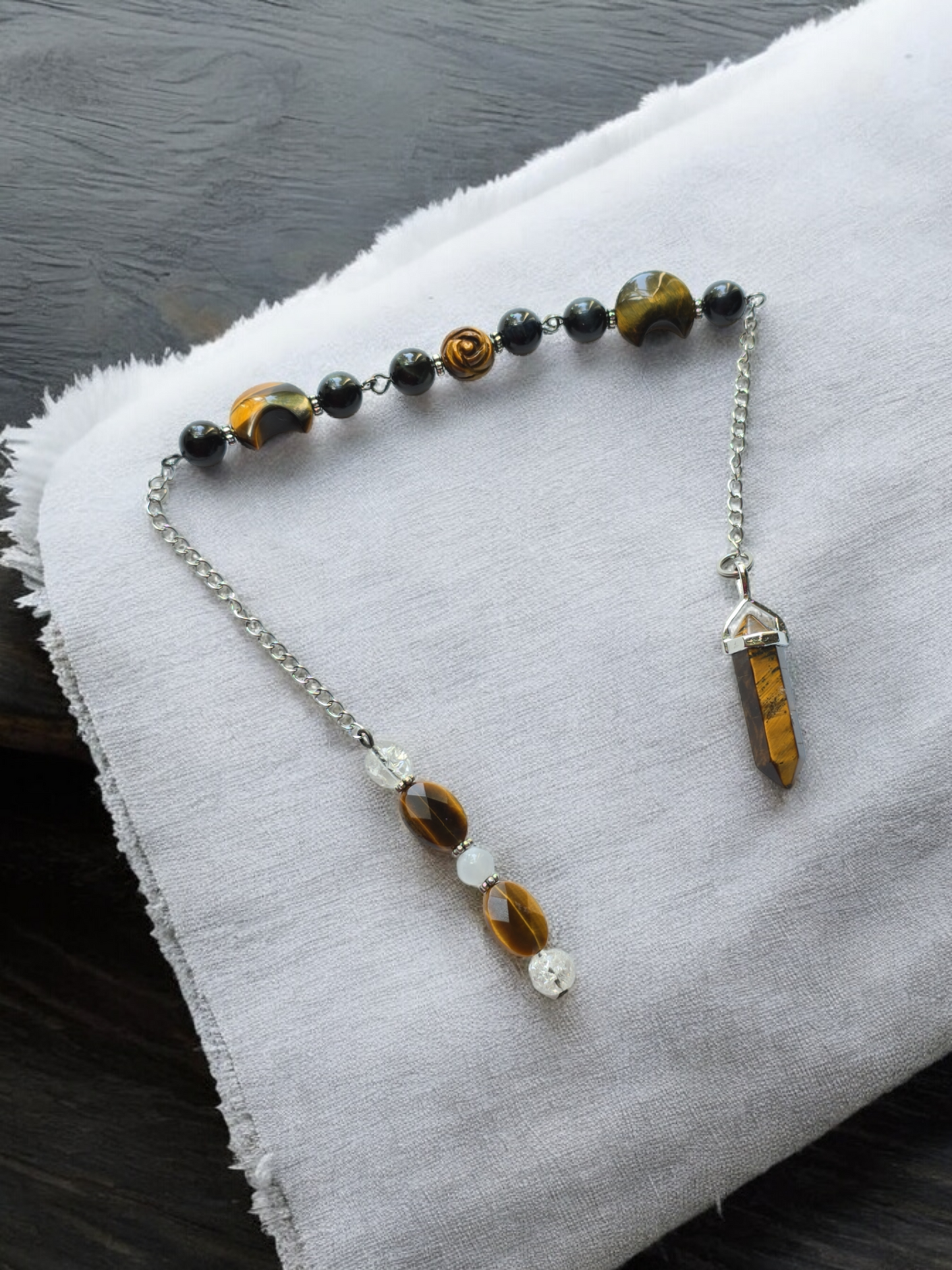 Yellow and Blue Tiger Eye with Clear Quartz and Selenite crystal pendulum with beaded chain.