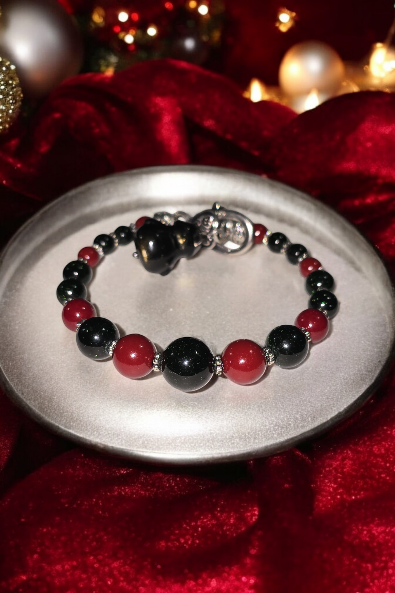 Holiday Bangle Bracelet Cinnabar and Green Sandstone with Smokey Obsidian holiday dangle with Heart Clasp