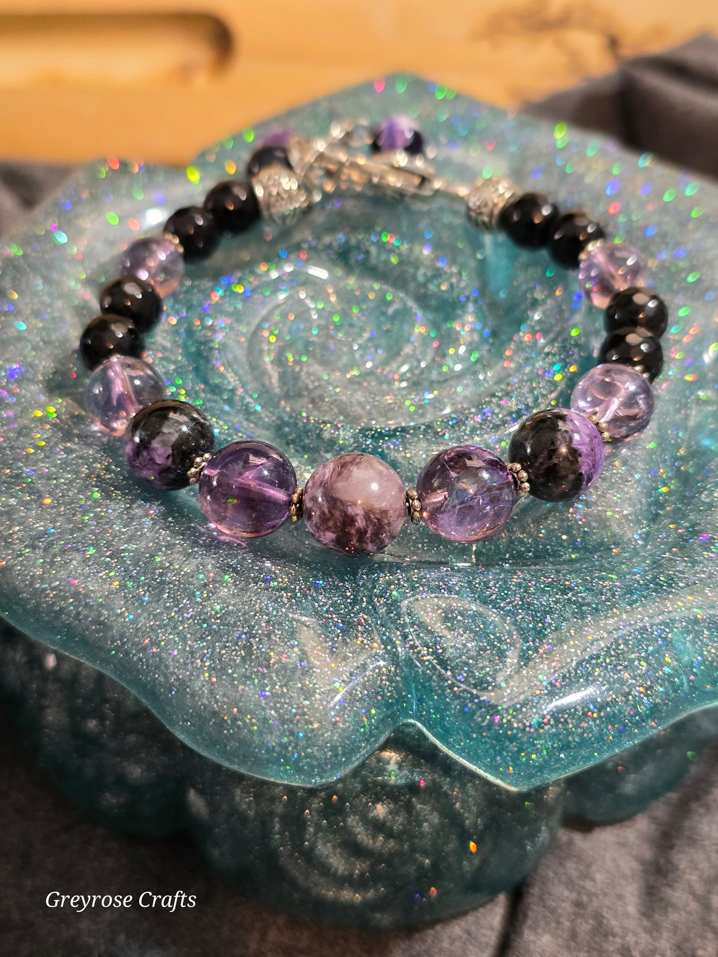 Charoite, Crackle Amethyst and Obsidian Bracelet with Heart Clasp and Beaded Extension