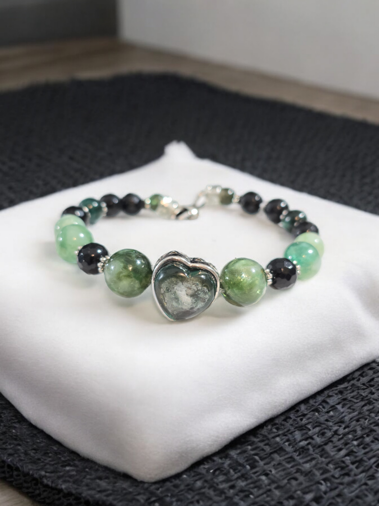 Green Mica and Obsidian Treasure Box Bangle Bracelet with Heart Clasp.  Fits up to size 7.75" wrist.