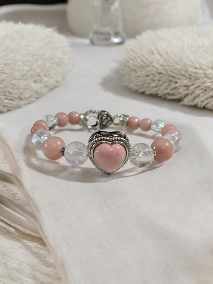 Pink Opal Treasure Box Bangle Bracelet with Heart Clasp.  Fits up to size 7.5" wrist.