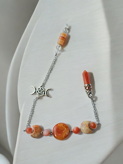 Triple Moon Themed Carnelian and Coral Jade with Clear Quartz and Selenite crystal pendulum with beaded chain.