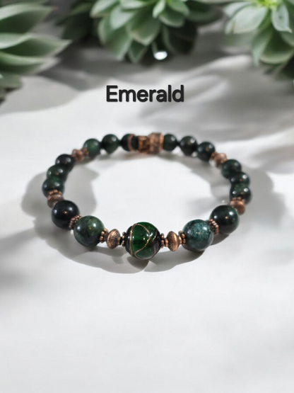 GREEN Variety Mica, Jade, Emerald and or Fluorite Bangle Bracelet with Handmade Glass Focal Bead. 3 Available.