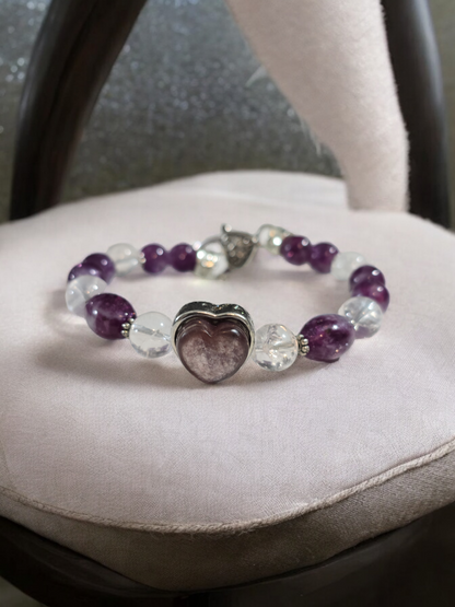 Purple Mica and Crackle Rose Quartz Treasure Box Bangle Bracelet with Heart Clasp.  Fits up to size 7.25" wrist.