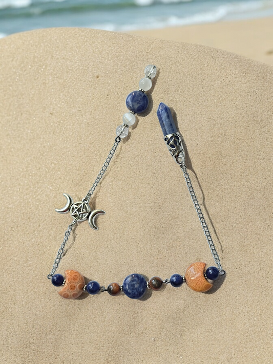 Triple Moon Themed  Sodalite and Coral Jade with Clear Quartz and Selenite crystal pendulum with beaded chain.