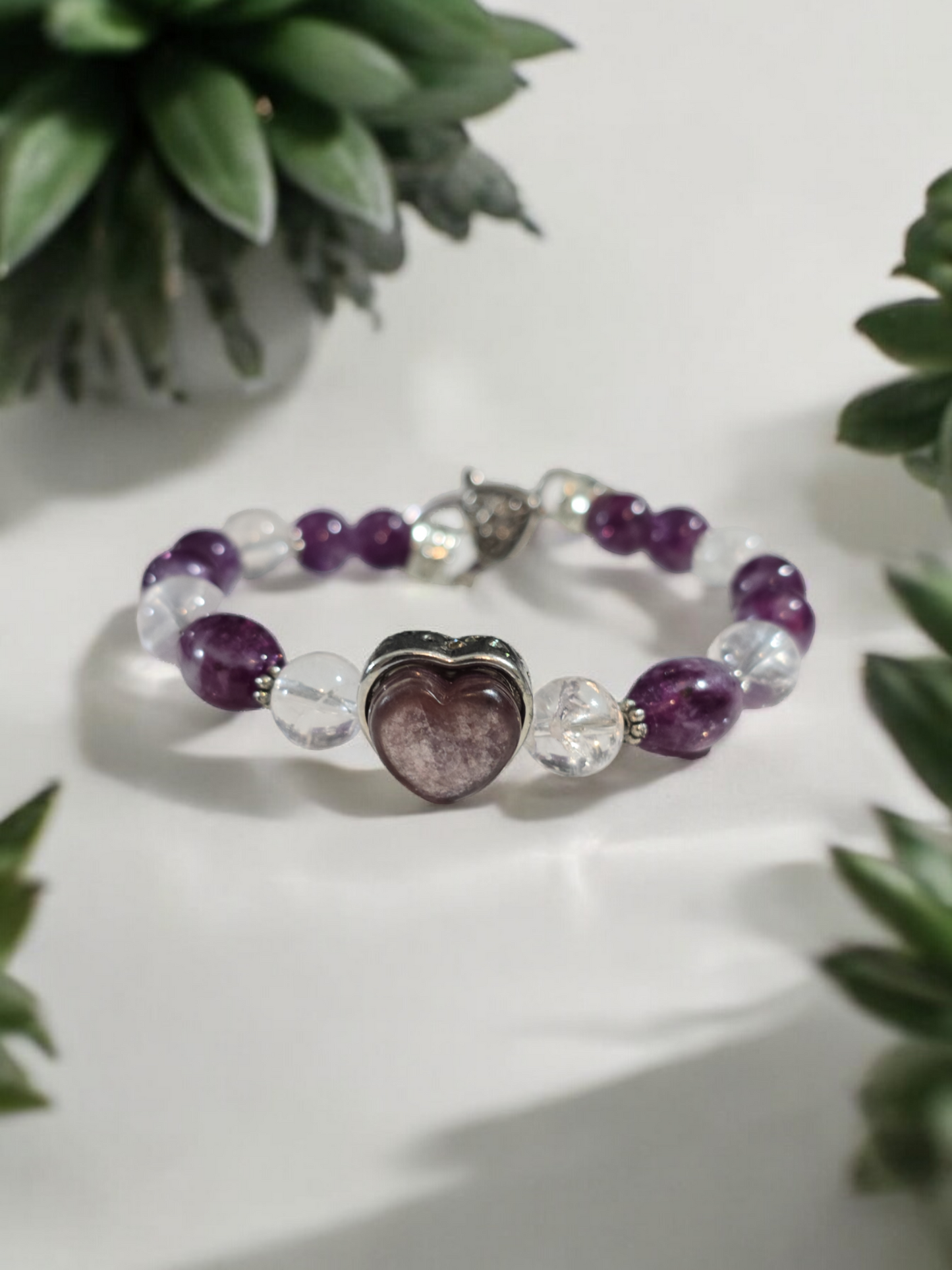 Purple Mica and Crackle Rose Quartz Treasure Box Bangle Bracelet with Heart Clasp.  Fits up to size 7.25" wrist.