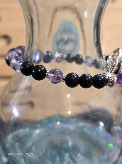 Charoite, Crackle Amethyst and Obsidian Bracelet with Heart Clasp and Beaded Extension