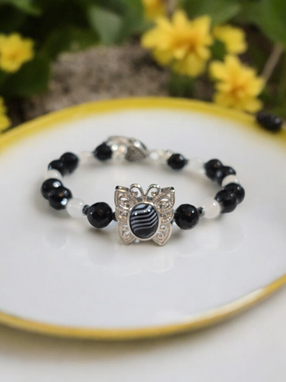 Botswana Agate, Obsidian and Moonstone Treasure Box Bangle Bracelet with Heart Clasp.  Fits up to size 7.5" wrist.